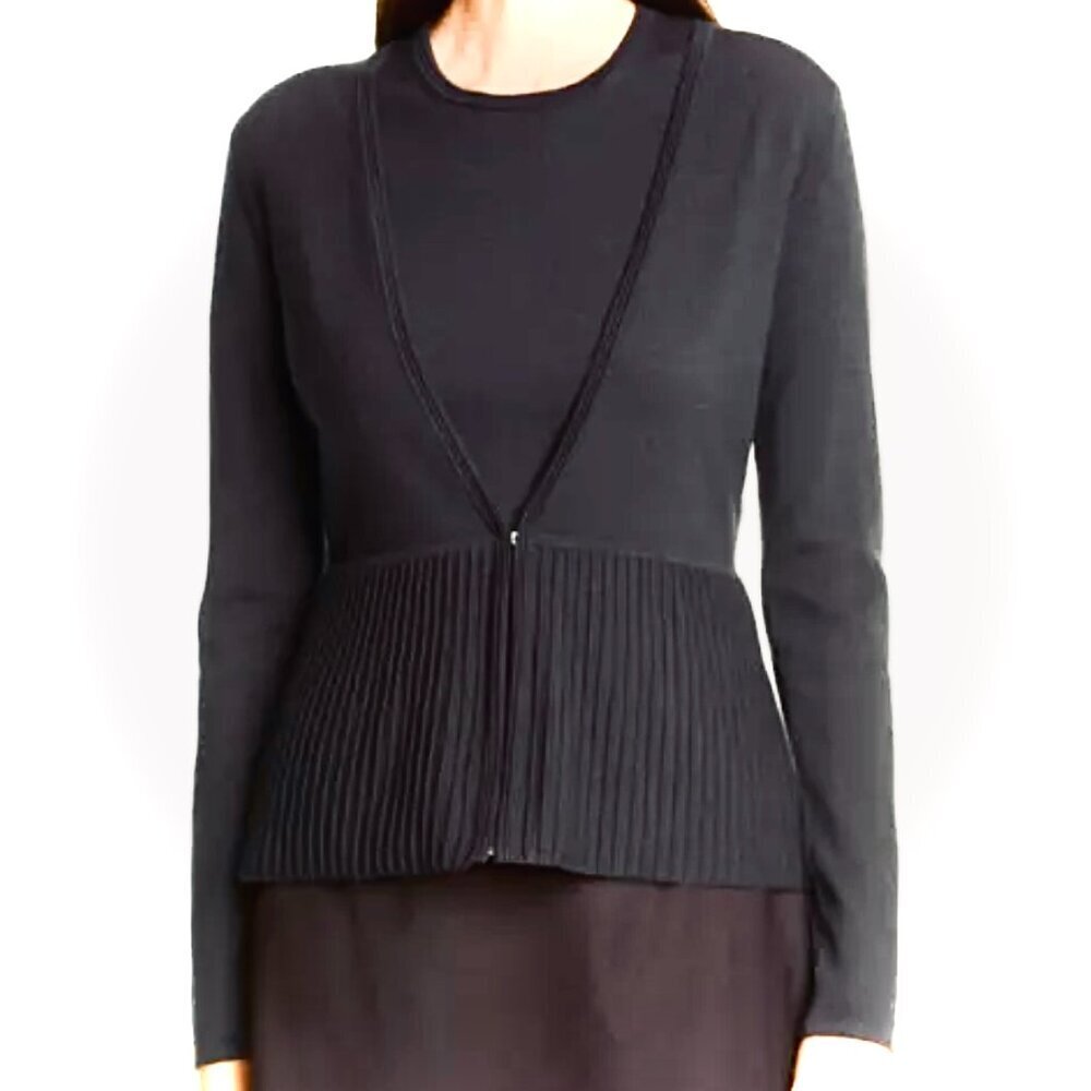 Boss Hugo Boss Fily Black‎ Wool Blend Deep V-Neck Ribbed Peplum Cardigan Sz L